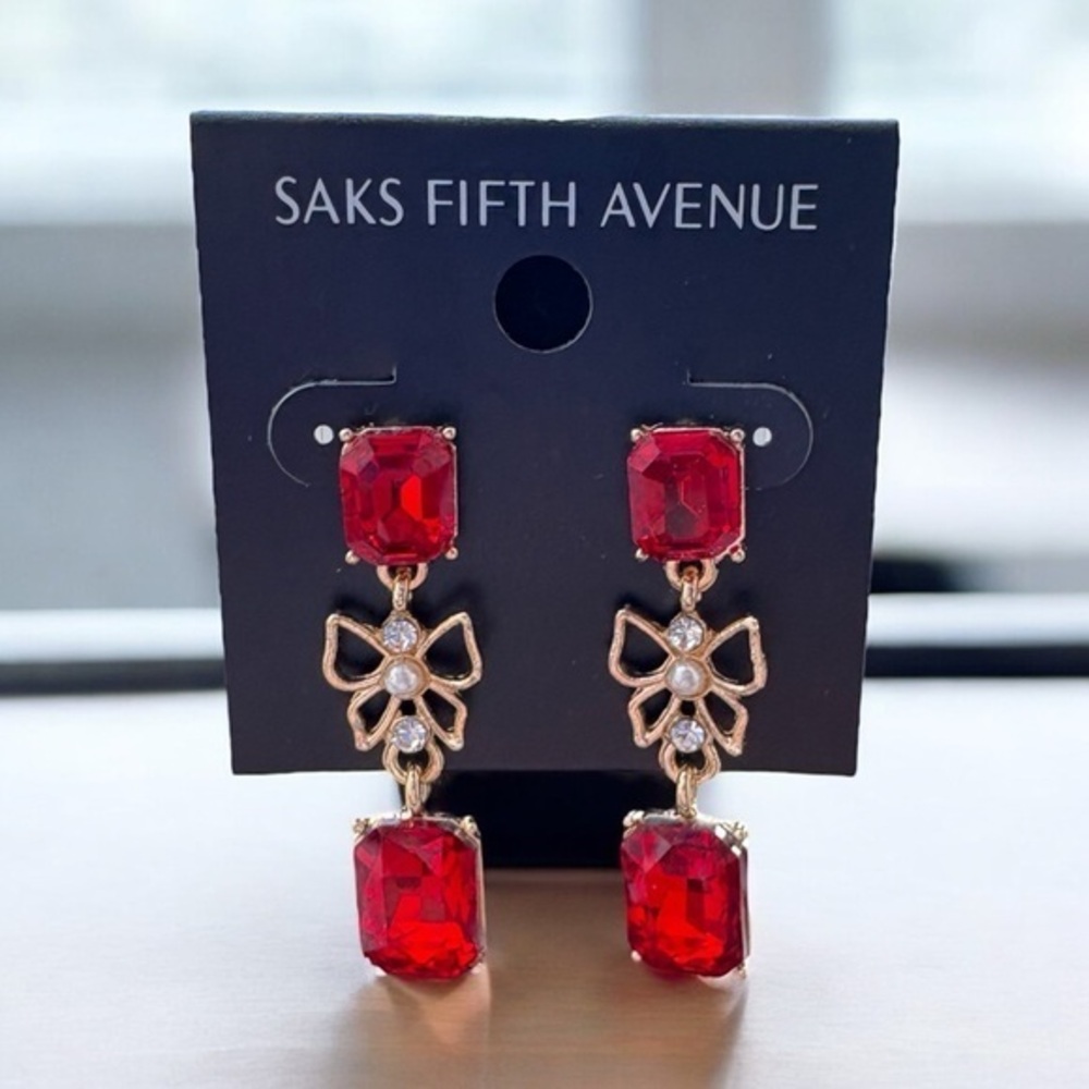 3/$40 Saks Fifth Avenue Red and Gold Drop Dangle Bow Earrings